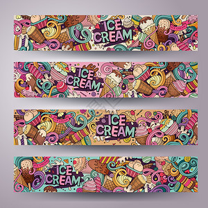卡通多彩的矢量手工绘制涂鸦冰淇淋公司特4水平横幅设计模板置卡通线艺术矢量涂鸦冰淇淋横幅图片