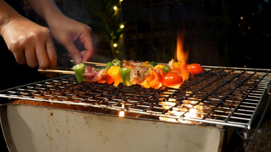 端着烤烧烤炉上燃着的烤火蔬菜猪肉和鸡加胡椒晚上的餐烧烤会和猪肉背景