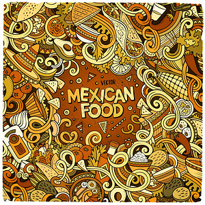 趣的矢量插图与拉丁美食主题项目的亮色边框卡通墨西哥食品面条设插画