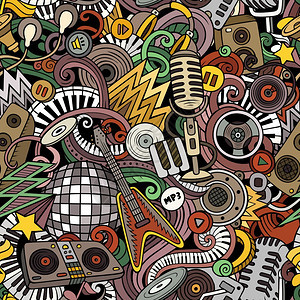 卡通可爱的doodlesDisco音乐无缝模式多彩详细有很对象背景所有元素都分开带乐器的回滚音乐无缝模式图片