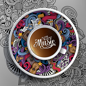 用一杯咖啡和手在碟子上背景画出音乐涂鸦的矢量插图背景图片