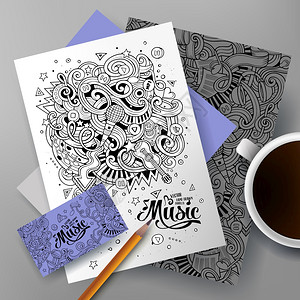 卡通可爱多彩的矢量手工绘制涂鸦是音乐界公司身份图集名片传单海报桌上文件的模板设计图片