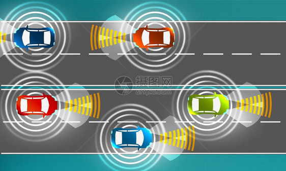 自动驾驶概念与具有感知和通信的汽车3D图片
