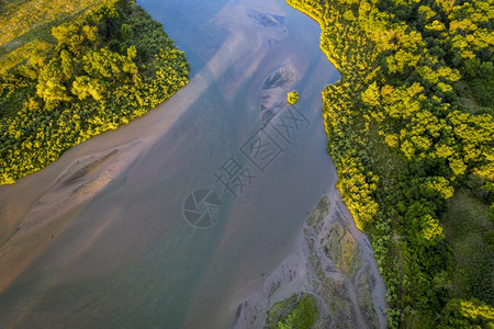 Nebraska森林的Dismal河对夏季风景的空中观察图片