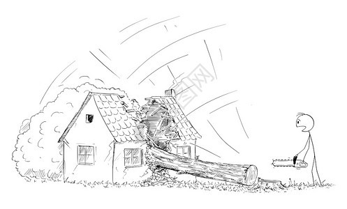 矢量卡通插图描绘一个有链锯或伐木工人的概念图他们砍树看着倒在房子里DIY概念或自己做财产保险矢量卡通用链锯或Lumberbrac图片