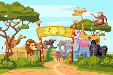 动物园入口卡通动物矢量插画图片