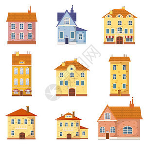 一套可爱的多彩房子矢量插图Vector漫画建筑物插图图片