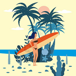 海棕榈树下手拿冲浪板的女孩矢量插画图片