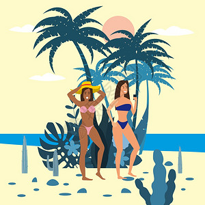 棕榈海滩穿比基尼的女人矢量插画图片