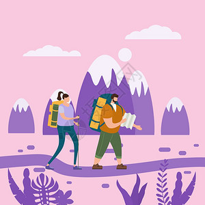 爱在户外旅游活动探险旅行徒步爱在户外游活动夫妇探险行徒步游运动休闲背包或野外旅行山地景观游客随行者或朋友的对等之处背景图片