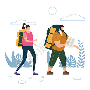 背包旅行女人爱的可旅游夫妇在户外活动探险旅行徒步带和背包的旅游夫妇在户外活动冒险行徒步游野平淡卡通多彩矢量图插画