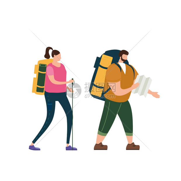 爱的可旅游夫妇在户外活动探险旅行徒步带和背包的旅游夫妇在户外活动冒险行徒步游野平淡卡通多彩矢量图图片