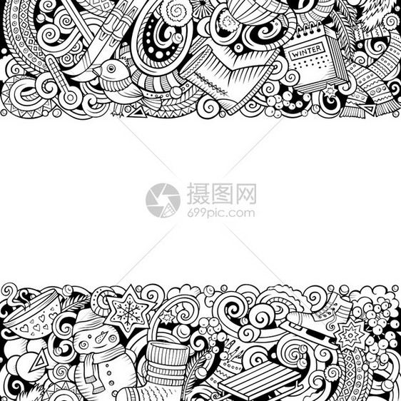 卡通矢量doodlesWinter水平条纹设计卡片线条艺术详细附有许多对象图解所有项目都是分开的季节滑稽边框水平条纹设计卡片图片