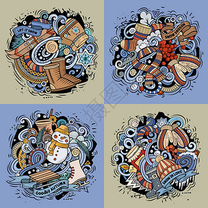 冬季卡通矢量手工绘制的涂鸦图解包含许多对象和符号的彩详细设计4个方形构成背景设置所有对象都分开冬季卡通4方形构成设置图片