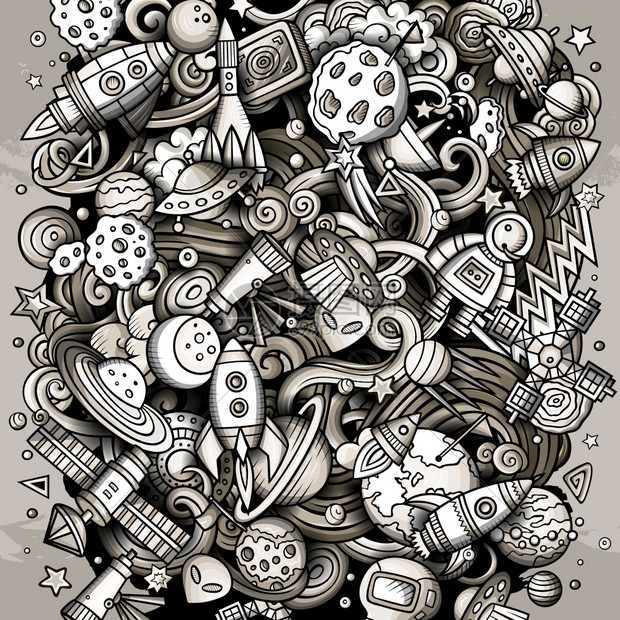 卡通矢量doodles空间插图单色详细有很多对象背景所有都