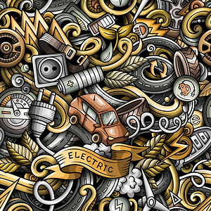 卡通可爱的涂鸦电动车无缝的图案图片