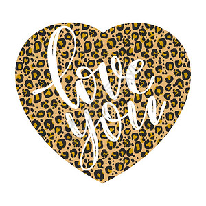矢量心脏与豹纹理图案字母文本爱你请为情人节日设计使用贺卡金心与豹纹理图案图片