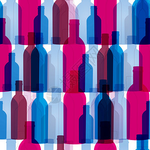 无缝背景有葡萄酒瓶红色和蓝颜网络海报纺织品印刷和其他设计的光亮模式无缝背景有葡萄酒瓶和玻璃杯图片