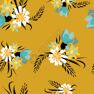 无缝模式时髦的花卉纹理深黄色背景图片