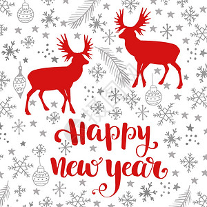 以雪花红鹿和字母写的新年快乐来显示象样的矢量图片