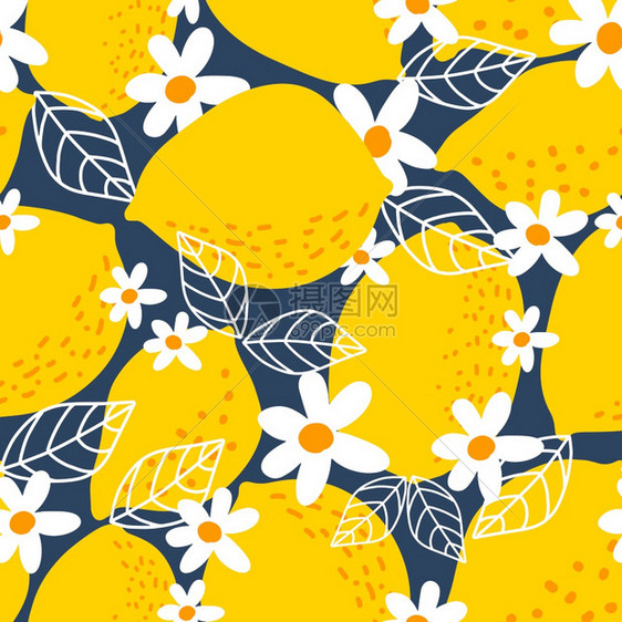 花卉无缝模式柠檬水果背景图片