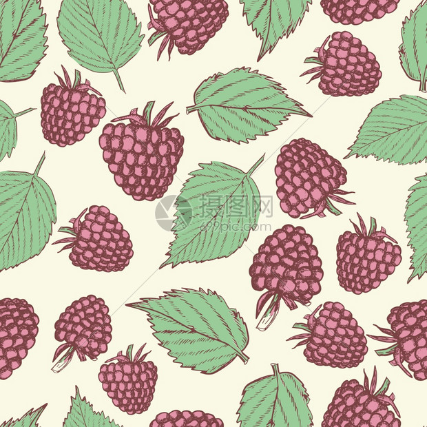 草莓无缝模式蜜蜂背景上的粉红莓和绿叶用于纺织品剪贴布服装设计树莓无缝模式的鲜树风格矢量说明图片