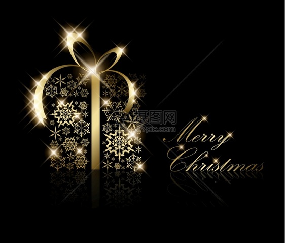 圣诞礼物盒用黑色矢量的金雪花制成图片