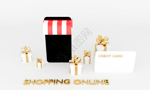 3D黑色智能手机屏幕和白色礼品盒金丝带创意购物在线概念商业最低现代模拟广告和横幅信用卡支付商店插图图片