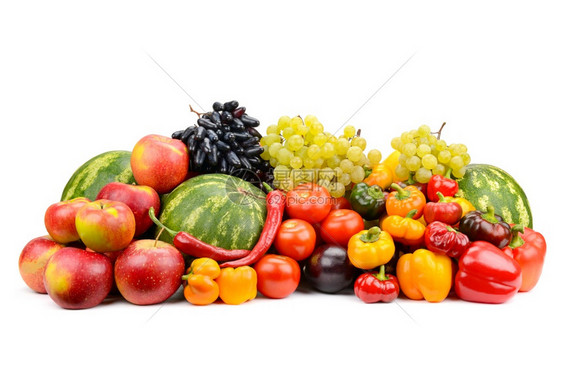白种背景下孤立的开菜和新鲜蔬及水果图片