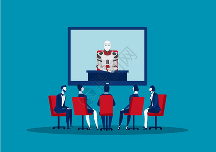 沙滩与伞与机器人举行电话会议插画