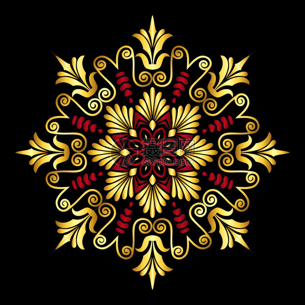 传统古金和红圆希腊装饰品和黑色背景植物模式矢量金希腊装饰品meande