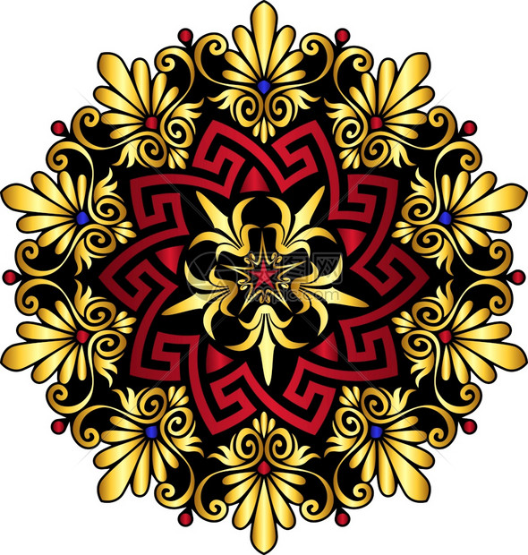 传统古金和红圆希腊装饰品和白色背景的花纹