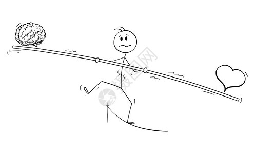 矢量卡通棒图绘制人类或商的钢管行走者与酒吧在绳子上行走的概念图平衡心脏和大脑矢量卡通说明TightropeWalkerManor图片