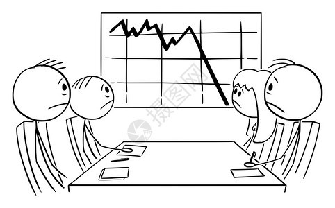 矢量卡通棒图绘制不愉快的商人在会议上遇到的描述概念图显示金融或利润下降的图表危机或萧条概念无赖商业群体在会议上展示利润下降或金融图片