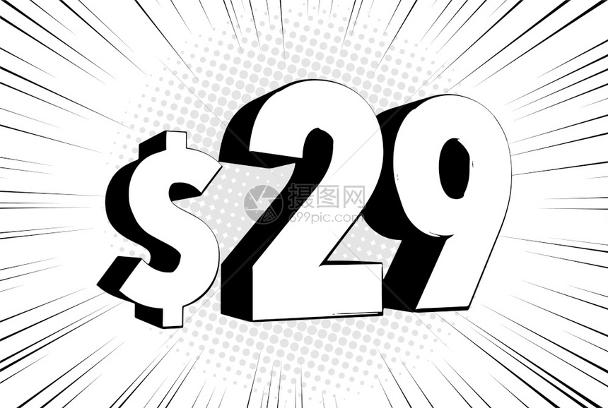 29美元物价符号在速度线泡沫上带有美元符号的漫画数字