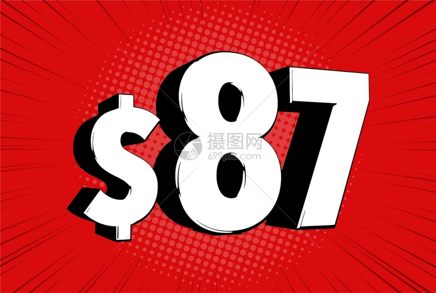 87美元物价符号807速度线泡沫上带有美元符号的漫画数字