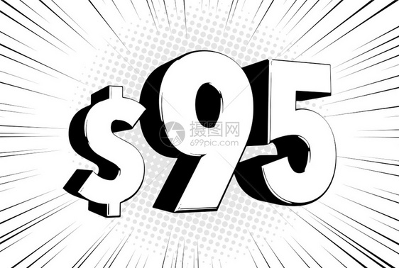 95美元九十五物价符号在速度线泡沫上带美元符号的漫画数字图片