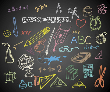 返回学校一套黑板上的学校涂鸦矢量插图图片