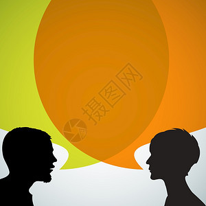 带有大橙色泡沫聊天对话谈或讨论的抽象演讲人轮光灯图片
