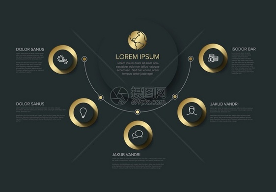 矢量多用途功能Infograph模板带有标题和五个元素选项黑暗背景下金色矢量进度6步模板图片