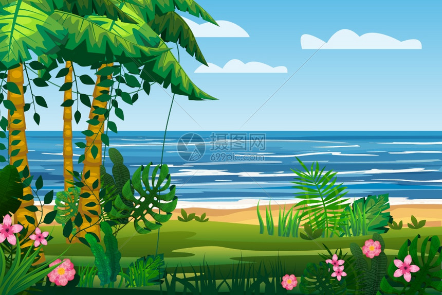 热带岛屿海洋海滩景观插画图片