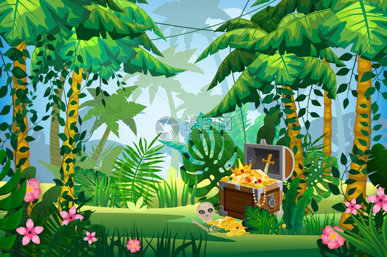 森林棕榈树不同的外来植物叶鲜花利亚纳斯植物雨林景观背设计游戏应用程序横幅印刷品图片