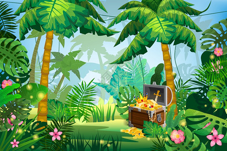 藏满金币宝的箱满金币的石藏热带森林满金币宝的丛林热带岛屿森不同的外来植物叶鲜花利亚纳斯植物雨林地貌背景设计游戏应用程序横幅指纹图片