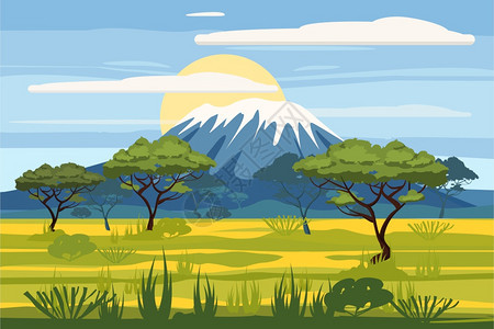 非洲草原灌木大树和山地公园矢量插画图片
