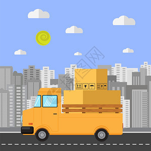 配有橙色卡车纸盒的快递路标设计侧视图快速递路标设计配有橘色卡车纸盒的侧视图图片