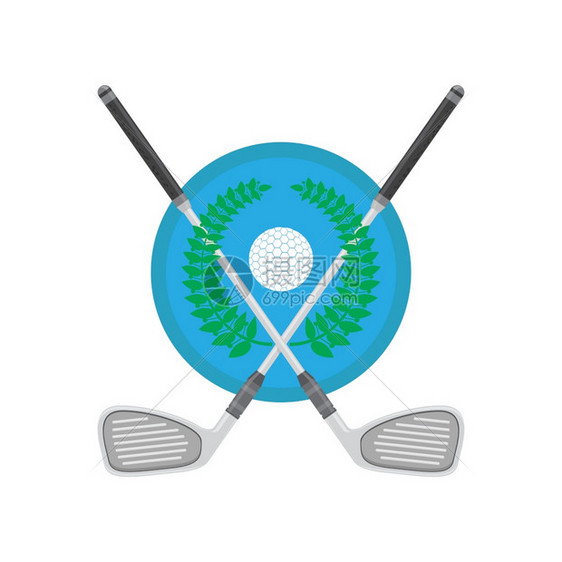 高尔夫球和绿色劳蕾尔和棍棒与绿色劳蕾尔球和棍棒与白色背景隔离高尔夫球和棍棒与绿色劳蕾尔球和棍棒图片