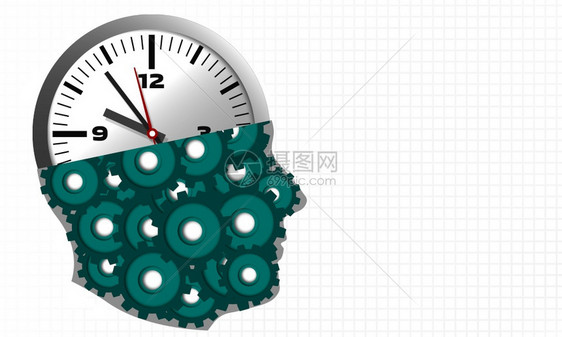 思考商业时间概念以钟和齿轮与人头3D转化图片