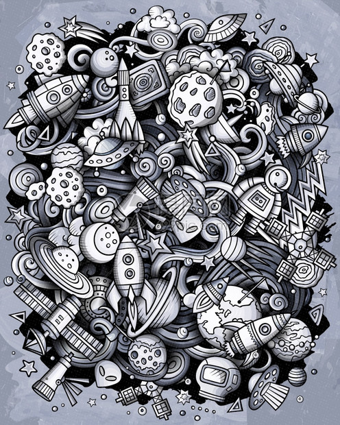 卡通矢量doodles空间插图单色详细有很多对象背景所有都