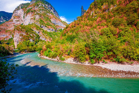 美丽的风景自然森林山和蓝河美丽自然的景色背图片