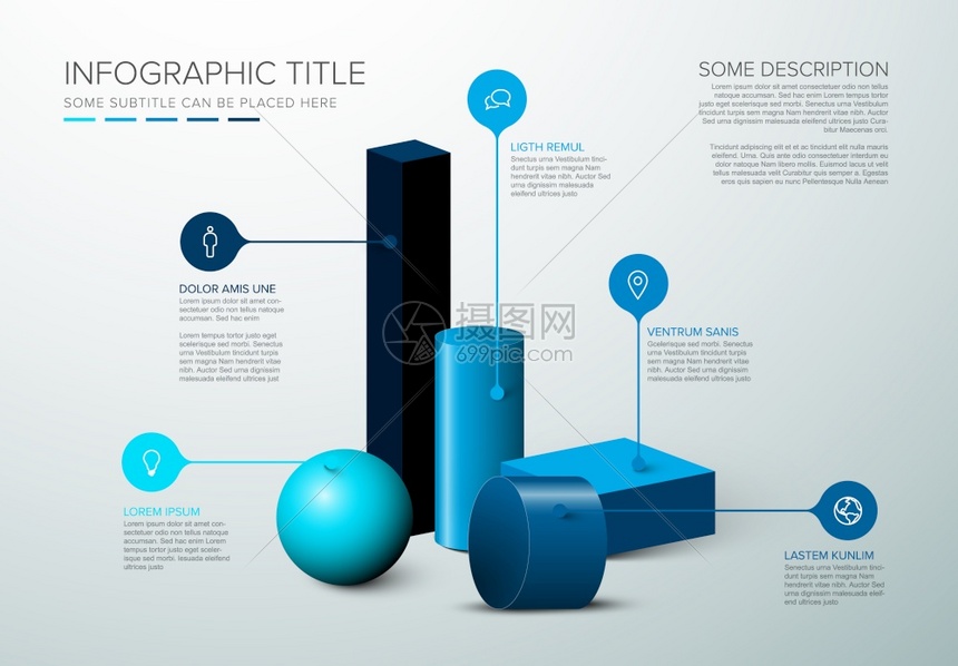 具有各种蓝色3d形状的矢量多用途Infographic模板图片